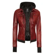 Tralee Maroon Leather Bomber Jacket Women with Removable Hood by Jacket Field