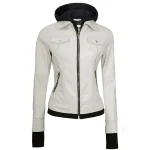 Off White Leather Bomber Jacket Women with Hood by Jacket Field