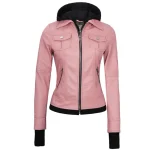 Pink Real Leather Bomber Jacket Women with Hood by Jacket Field