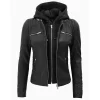 Women's Moto Black Leather Jacket with Removable Hood By Jacket Field