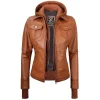 Tan Wax Leather Bomber Jacket Women with Detachable Hood by Jacket Field