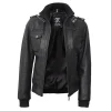 Black Leather Bomber Jacket Women with Removable Hood by Jacket Field