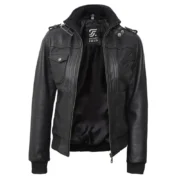Black Leather Bomber Jacket Women with Removable Hood by Jacket Field