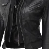 Black Leather Bomber Jacket Women with Removable Hood by Jacket Field