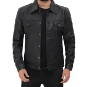 Mens Classic Black Leather Trucker Jacket by Jacket Field
