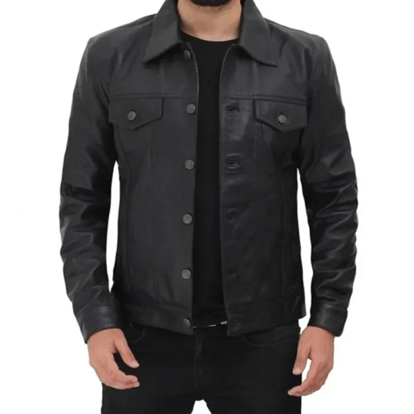 Mens Classic Black Leather Trucker Jacket by Jacket Field