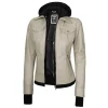 Beige Real Leather Bomber Jacket Women with Hood by Jacket Field