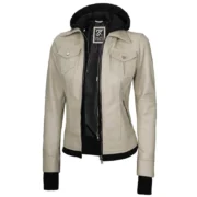 Beige Real Leather Bomber Jacket Women with Hood by Jacket Field