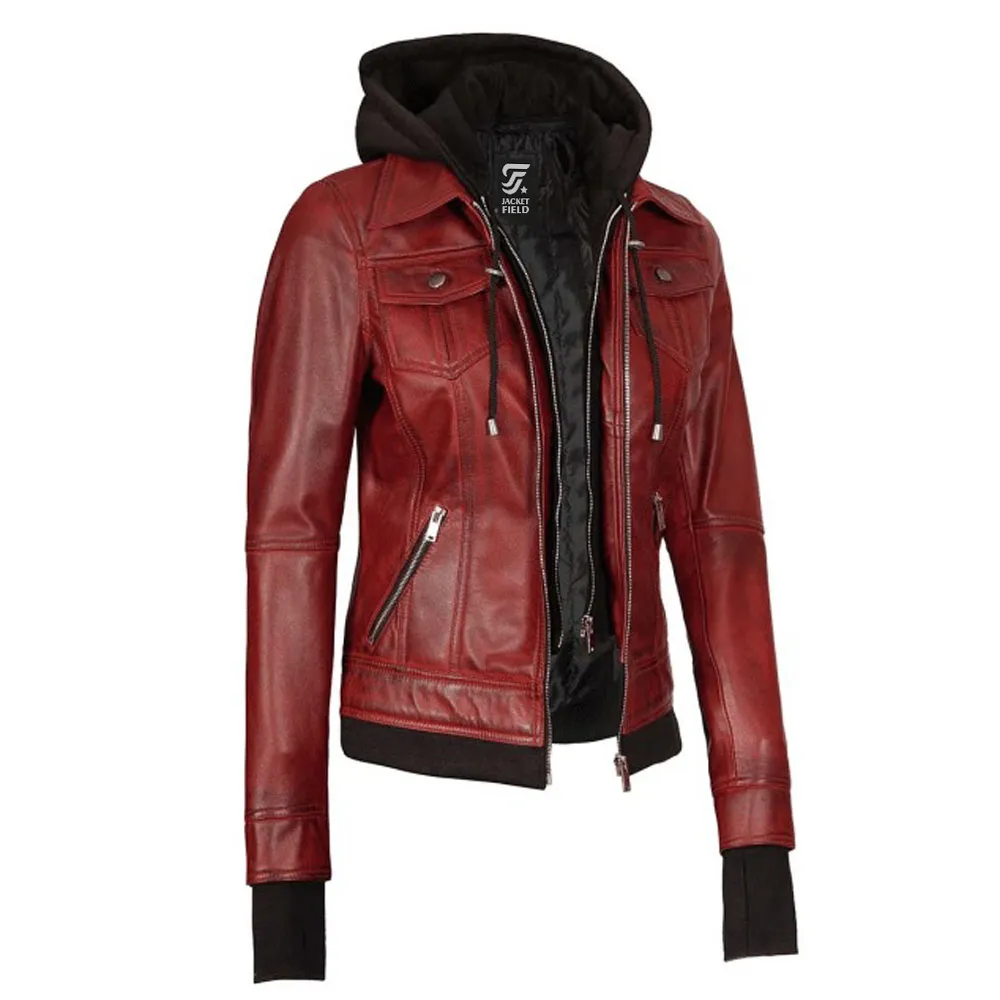 Tralee Maroon Leather Bomber Jacket Women with Removable Hood by Jacket Field