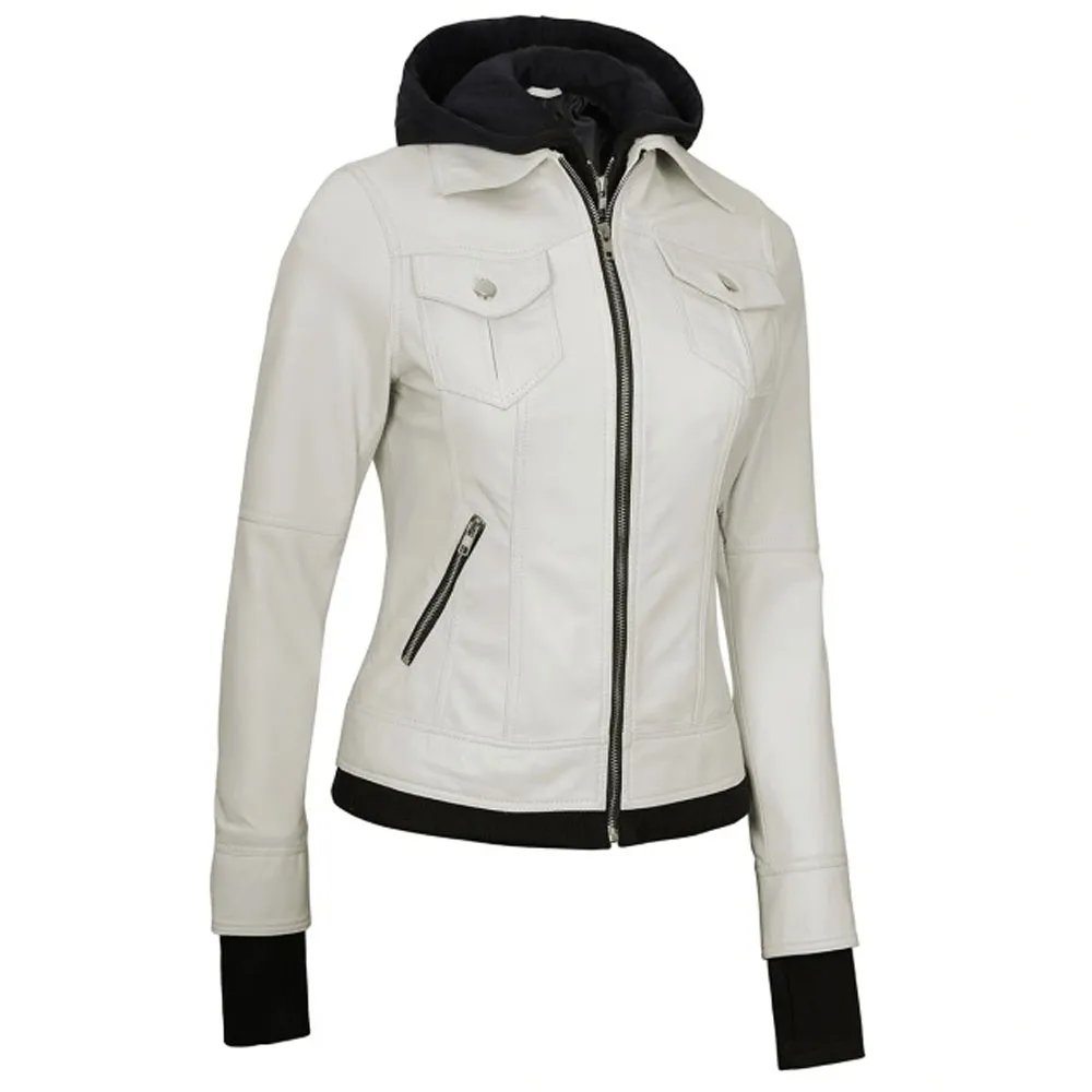 Off White Leather Bomber Jacket Women with Hood by Jacket Field