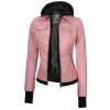 Pink Real Leather Bomber Jacket Women with Hood by Jacket Field