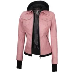 Pink Real Leather Bomber Jacket Women with Hood by Jacket Field