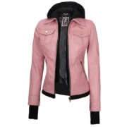 Pink Real Leather Bomber Jacket Women with Hood by Jacket Field