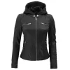 Women's Moto Black Leather Jacket with Removable Hood By Jacket Field