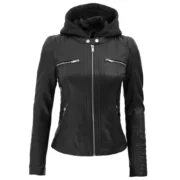 Women's Moto Black Leather Jacket with Removable Hood By Jacket Field