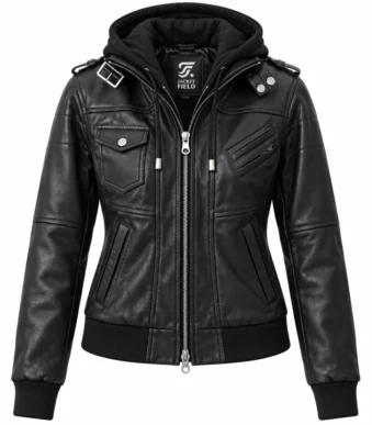 Black Leather Bomber Jacket Women with Removable Hood by Jacket Field 1 1 - Home
