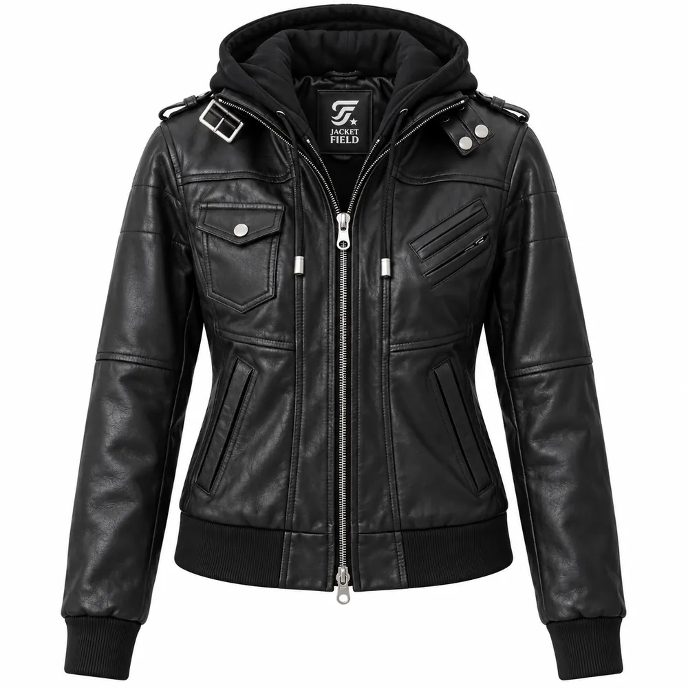 Black Leather Bomber Jacket Women with Removable Hood by Jacket Field 1 1 - Home