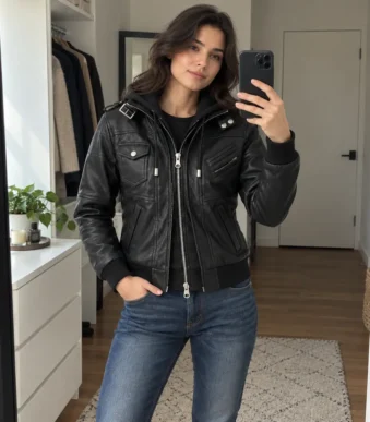Black Leather Bomber Jacket Women with Removable Hood by Jacket Field 8 1 - Home