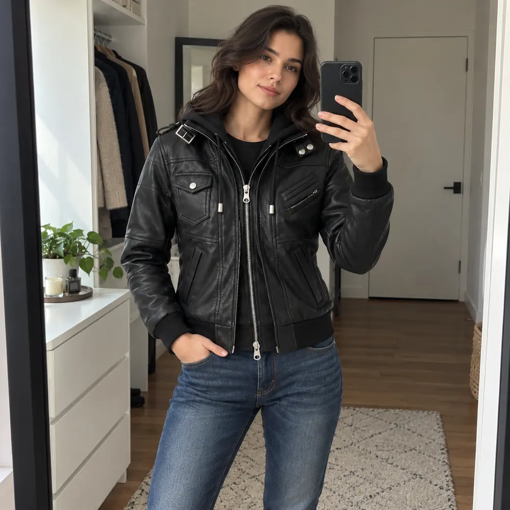 Black Leather Bomber Jacket Women with Removable Hood by Jacket Field 8 1 - Home