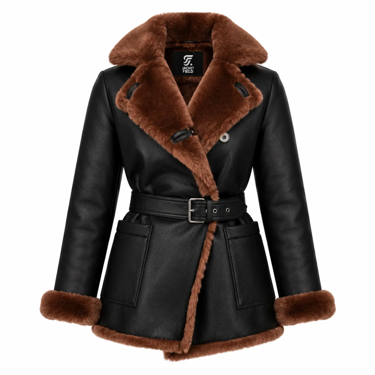 Womens Black Faux Leather Shearling Jacket by Jacket Field