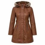 Womens Brown Leather Shearling Coat with Hooded by Jacket Field