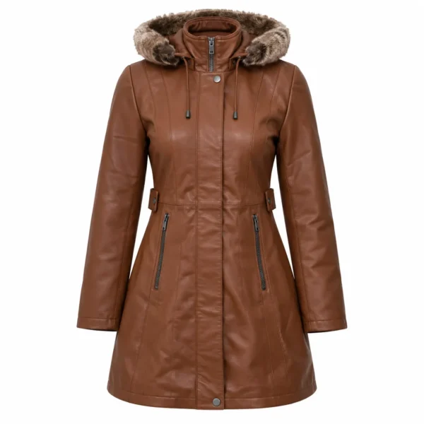 Womens Brown Leather Shearling Coat with Hooded by Jacket Field