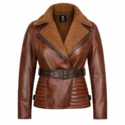 Womens Brown Asymmetrical Sherpa Leather Shearling Jacket by Jacket Field