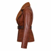 Womens Brown Asymmetrical Sherpa Leather Shearling Jacket by Jacket Field