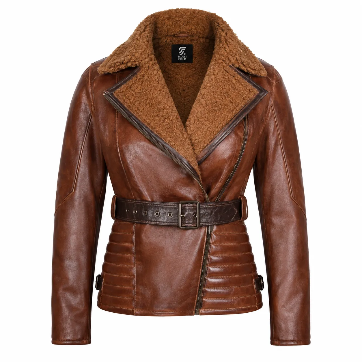 Womens Brown Asymmetrical Sherpa Leather Shearling Jacket by Jacket Field Womens Brown Asymmetrical Sherpa Leather Shearling Jacket by Jacket Field