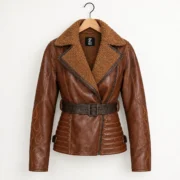 Womens Brown Asymmetrical Sherpa Leather Shearling Jacket by Jacket Field