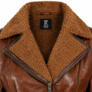 Womens Brown Asymmetrical Sherpa Leather Shearling Jacket by Jacket Field