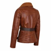 Womens Brown Asymmetrical Sherpa Leather Shearling Jacket by Jacket Field