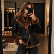 Womens Black Faux Leather Shearling Jacket by Jacket Field