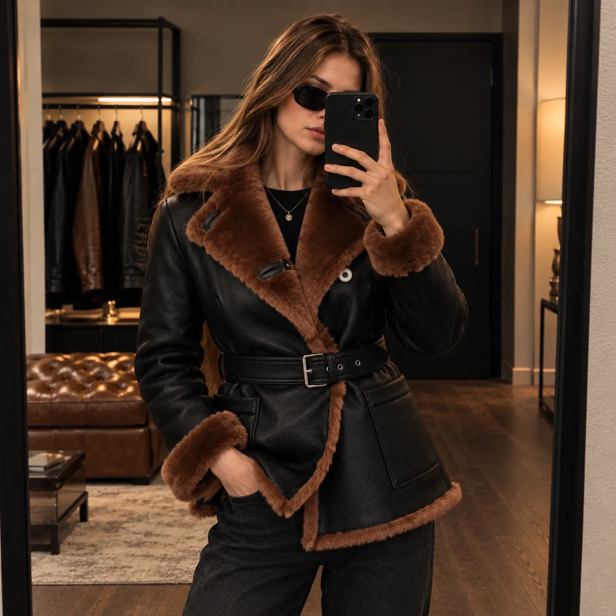 Womens Black Faux Leather Shearling Jacket by Jacket Field