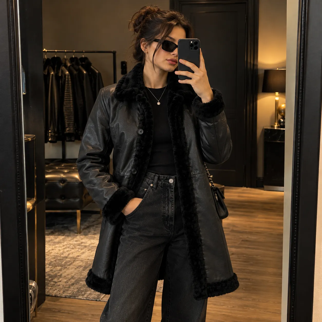 Maura Womens Black Leather Shearling Coat by Jacket Field