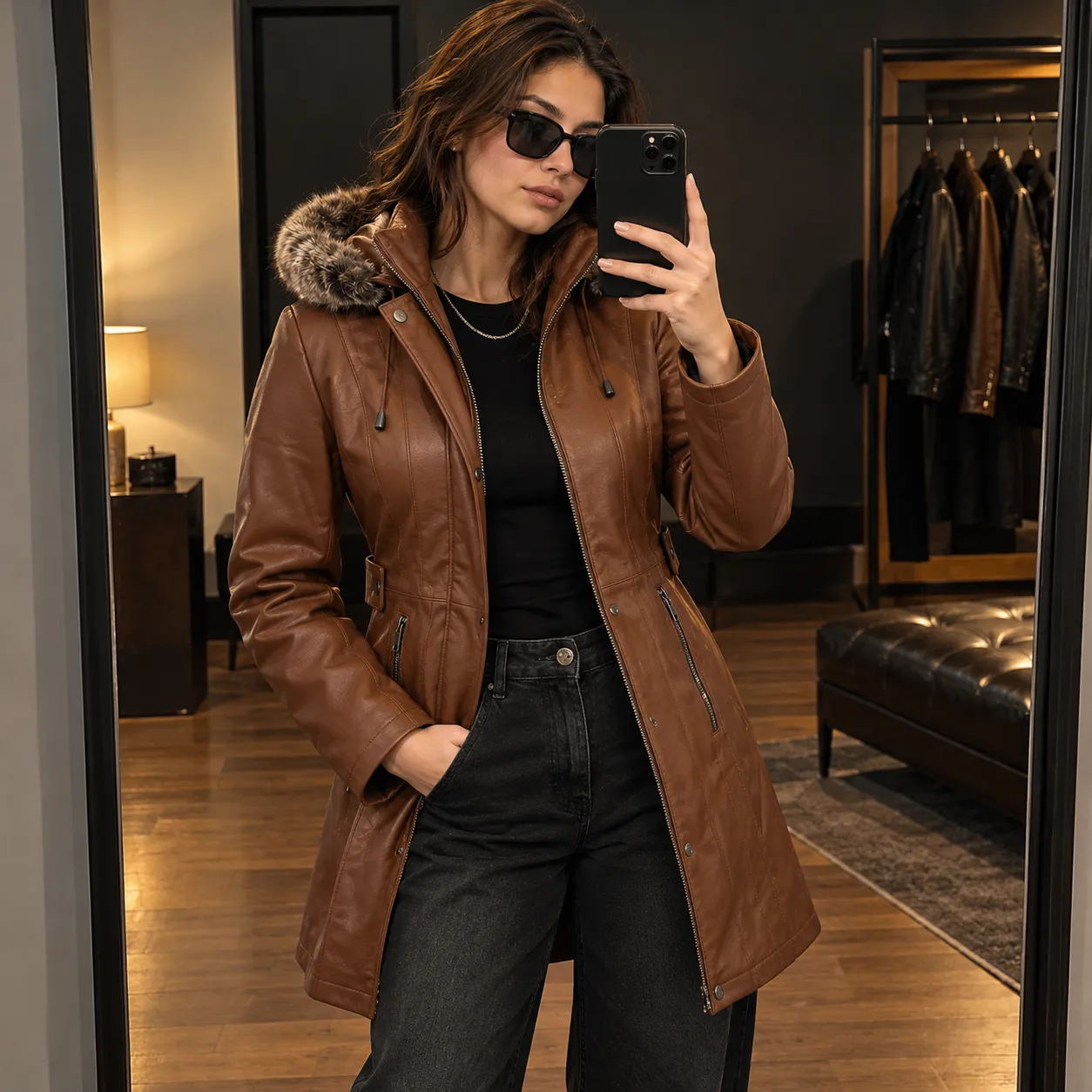 Womens Brown Leather Shearling Coat with Hooded by Jacket Field
