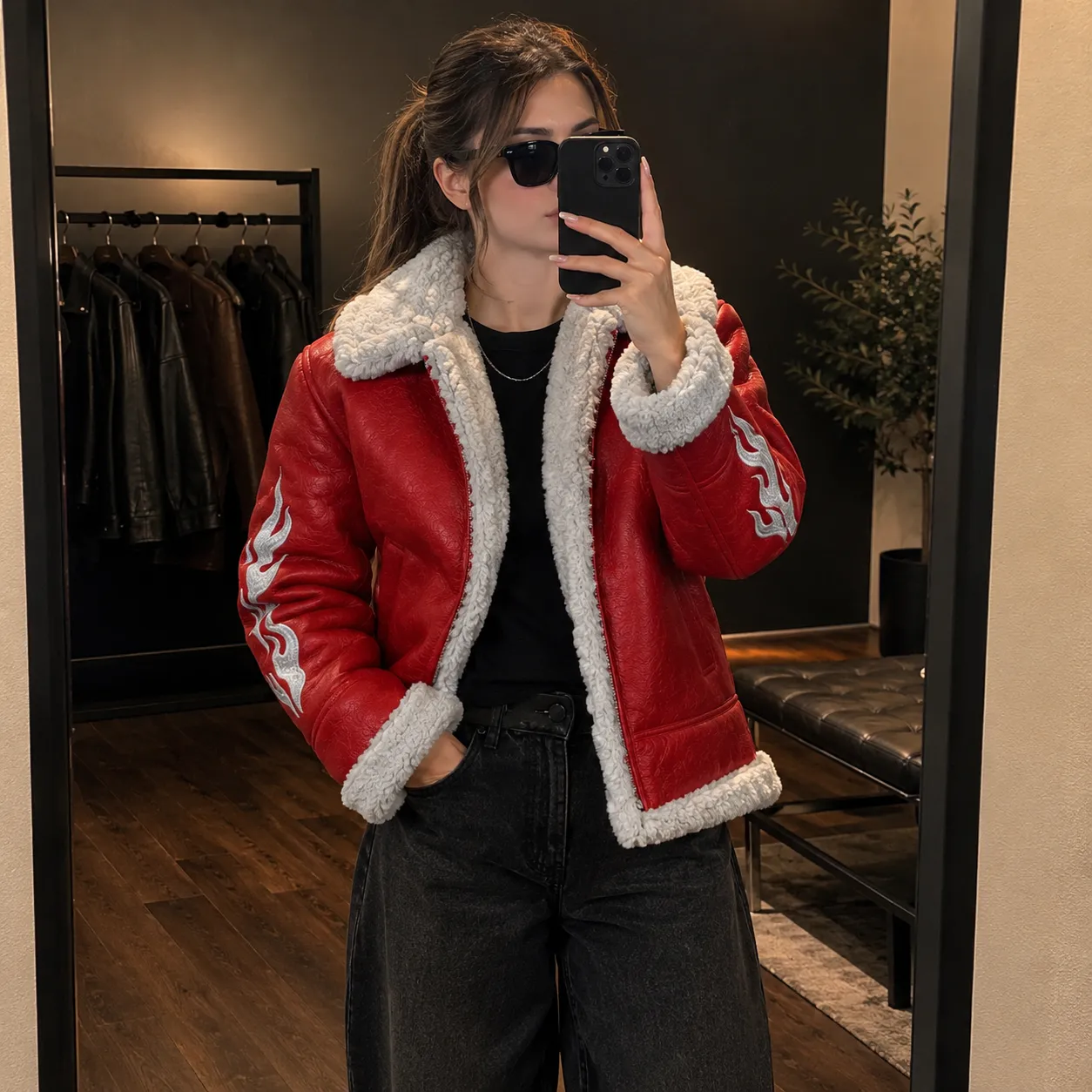 Womens Christmas Shearling Red Leather Jacket by Jacket Field