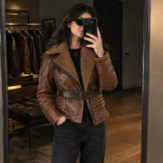 Womens Brown Asymmetrical Sherpa Leather Shearling Jacket by Jacket Field