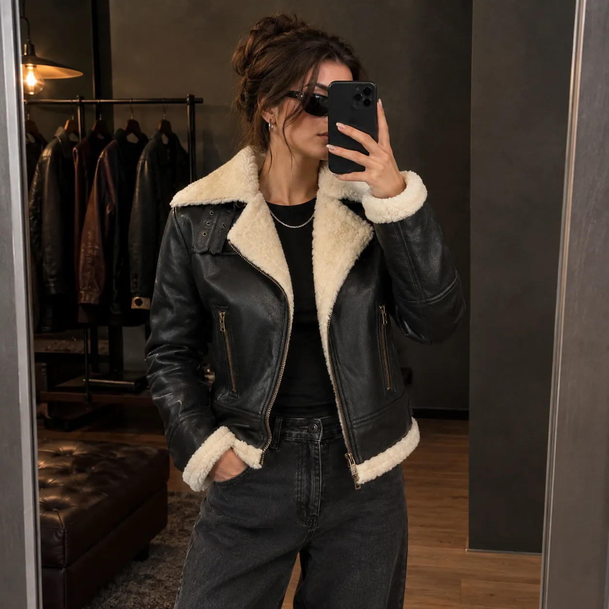 Womens Dark Brown Leather Shearling Jacket by Jacket Field