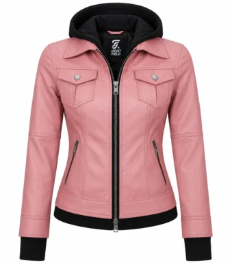 Pink Real Leather Bomber Jacket Women with Hood by Jacket Field 1 - Home
