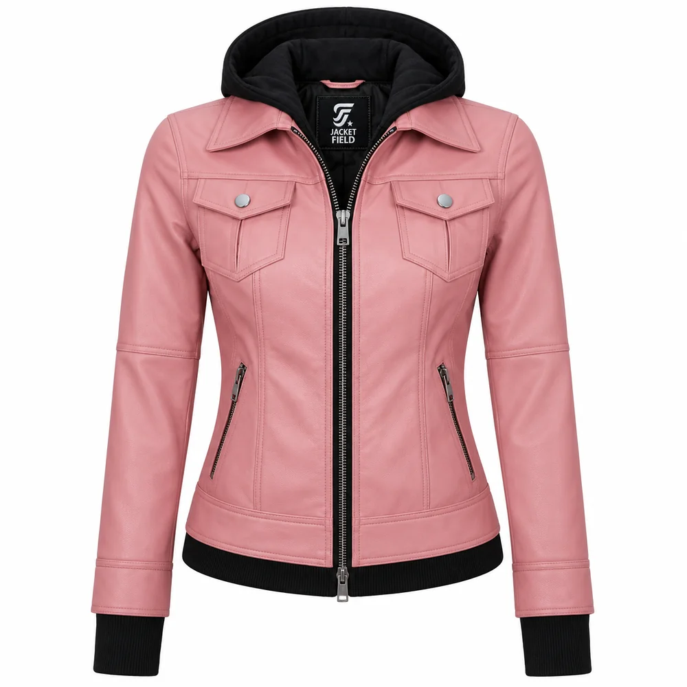 Pink Real Leather Bomber Jacket Women with Hood by Jacket Field 1 - Home