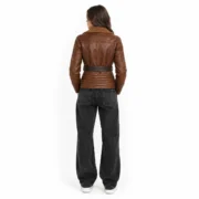 Womens Brown Asymmetrical Sherpa Leather Shearling Jacket by Jacket Field