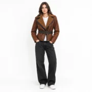 Womens Brown Asymmetrical Sherpa Leather Shearling Jacket by Jacket Field