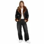 Womens Black Faux Leather Shearling Jacket by Jacket Field