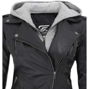 Black Lambskin Leather Womens Jacket Motorcycle with Removable Hood by Jacket Field