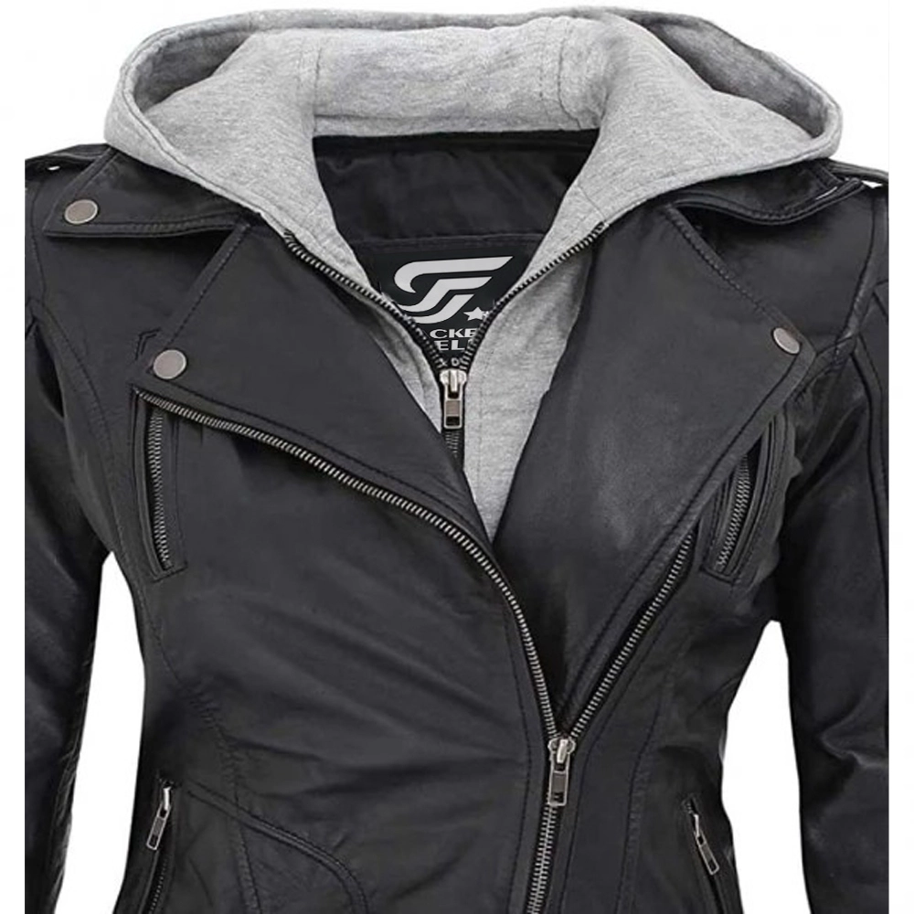 Black Lambskin Leather Womens Jacket Motorcycle with Removable Hood by Jacket Field