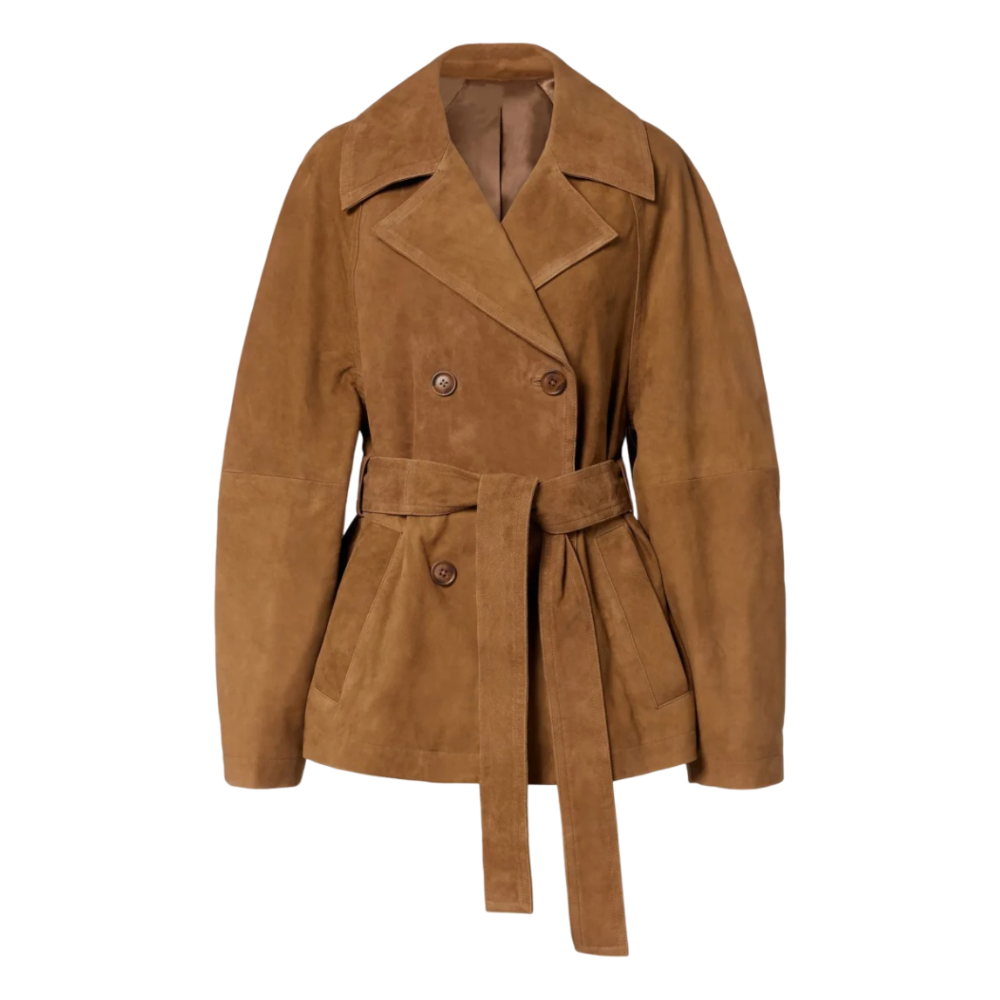 Womens Light Kaki Leather Double-Breasted Suede Jacket