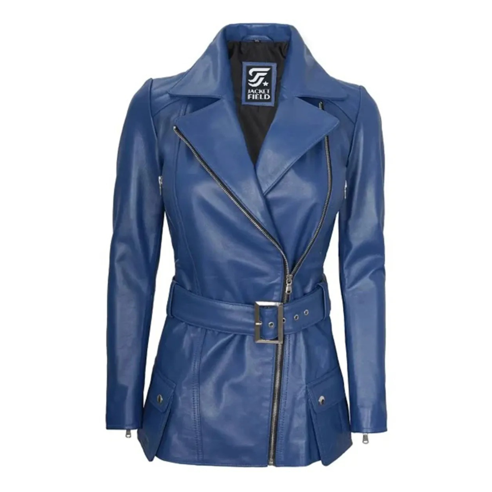 Womens Lambskin Leather Belted Blue Jacket by Jacket Field