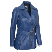 Womens Lambskin Leather Belted Blue Jacket by Jacket Field