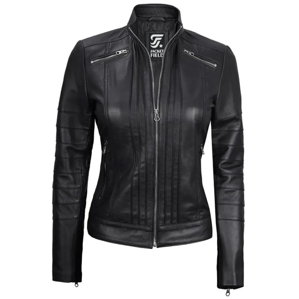 Bergmao Black Leather Womens Jacket Motorcycle by Jacket Field